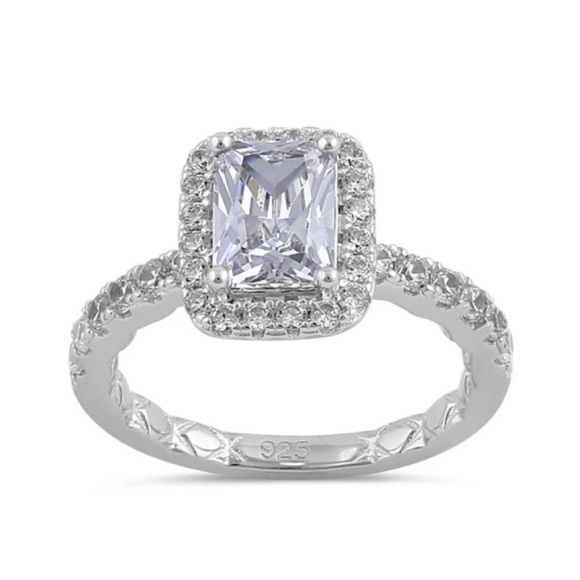 925 STERLING SILVER Radiant Cut Clear Cubic Zirconia Halo Ring - Picture 14 of 16